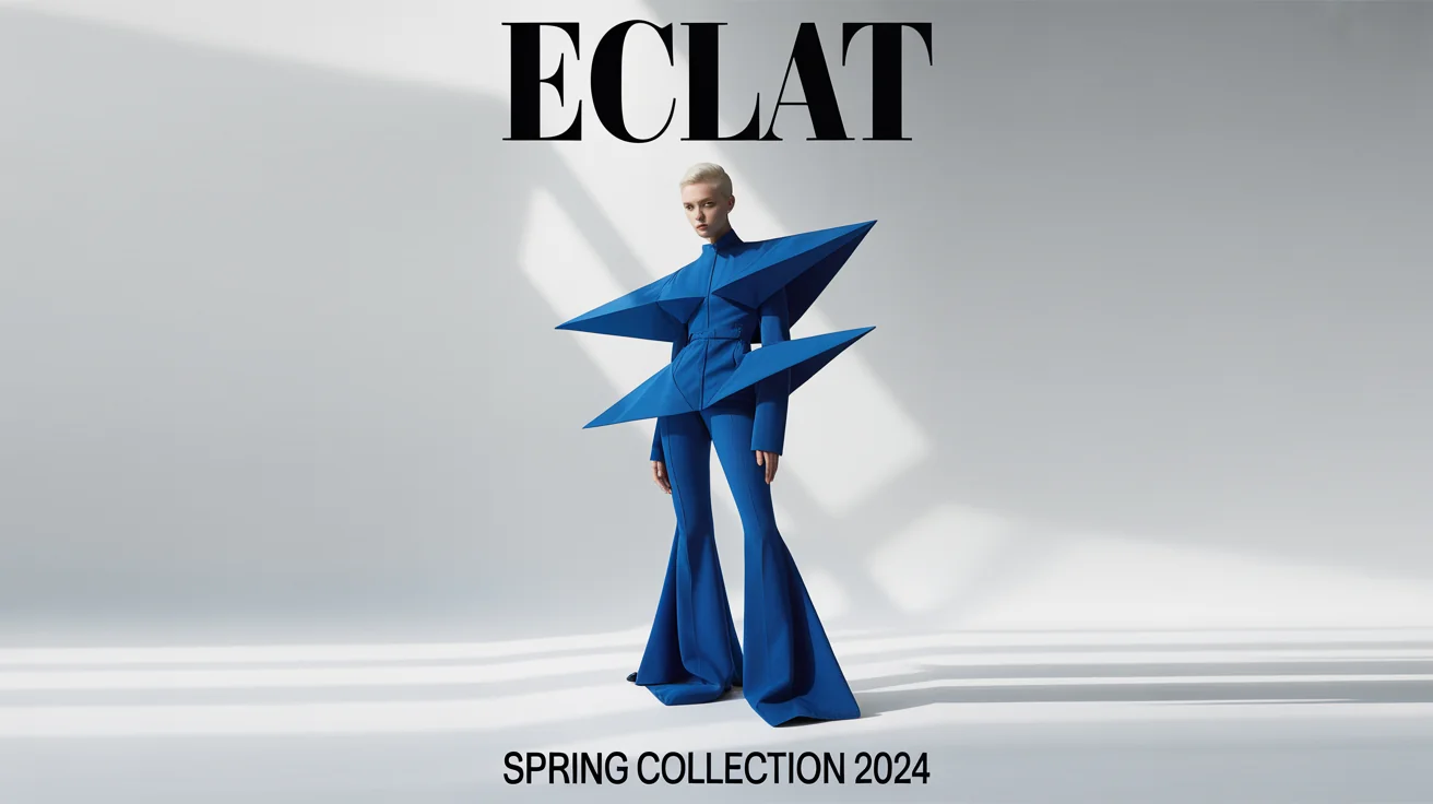 A minimalist fashion poster mockup showing a model in a vibrant blue avant-garde outfit against a plain white background. The poster has text that reads 'ECLAT' and 'Spring Collection 2024'.