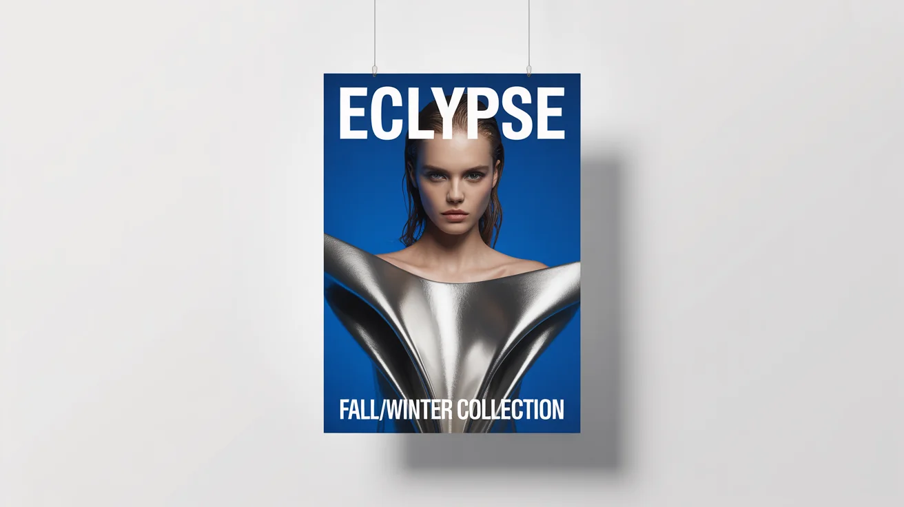 A fashion poster mockup for a brand called 'ECLYPSE', featuring a model in a silver avant-garde outfit against a cobalt blue background. The text announces the 'Fall/Winter Collection'.