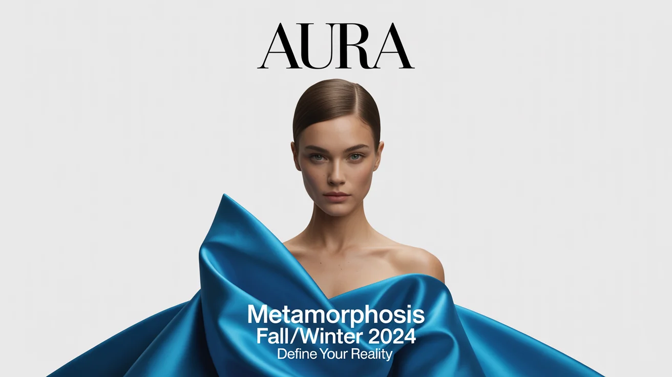 A modern fashion poster for the 'AURA' brand's 'Metamorphosis' collection, featuring a model in a vibrant blue avant-garde gown against a white background.
