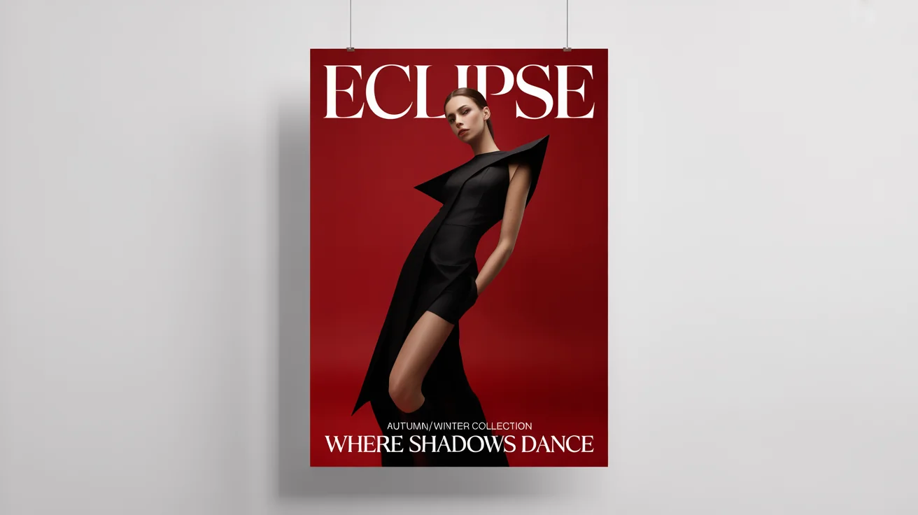 A photorealistic mockup of a modern fashion poster titled 'ECLIPSE', featuring a model in a black avant-garde dress against a crimson background. The poster is set against a plain white surface.