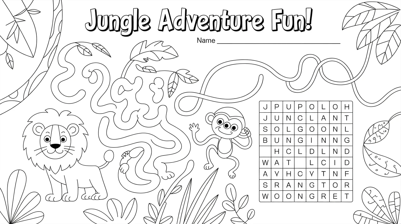 A colorful, finished children's activity sheet with a jungle theme, shown flat against a white background. It includes a section for coloring a lion, a maze puzzle, and a word search, all designed in a playful, modern cartoon style.
