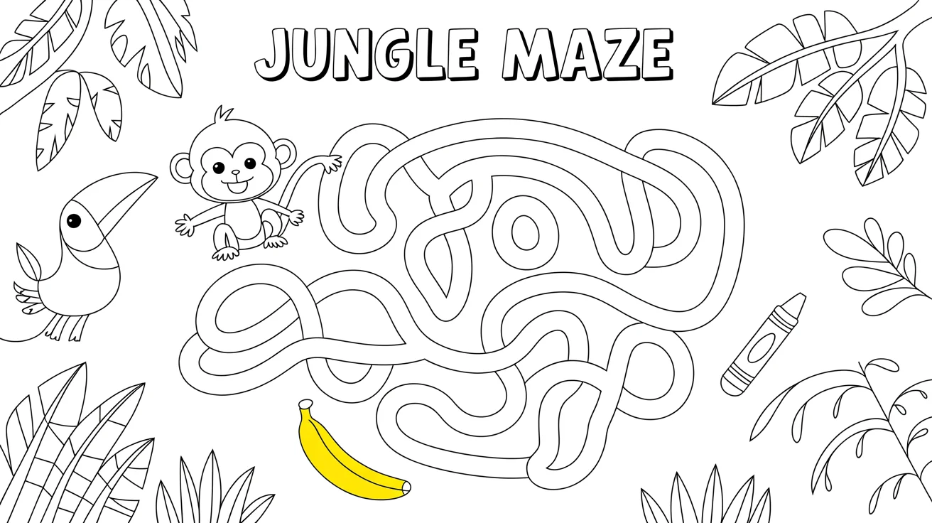 A children's activity sheet with a 'Jungle Maze' puzzle, showing a cartoon monkey and a banana, placed on a white background with crayons next to it.