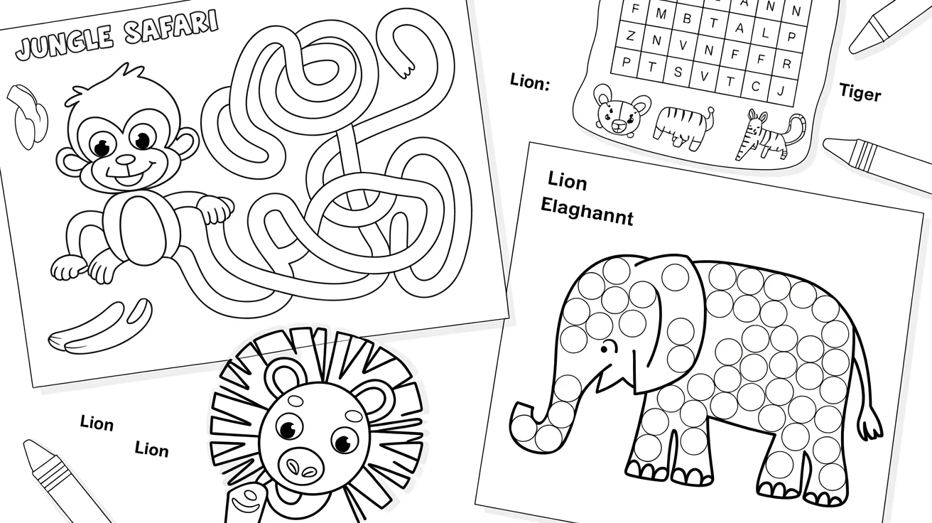 A children's activity sheet with a jungle safari theme, featuring a maze and word search, laid flat on a white surface with crayons next to it.