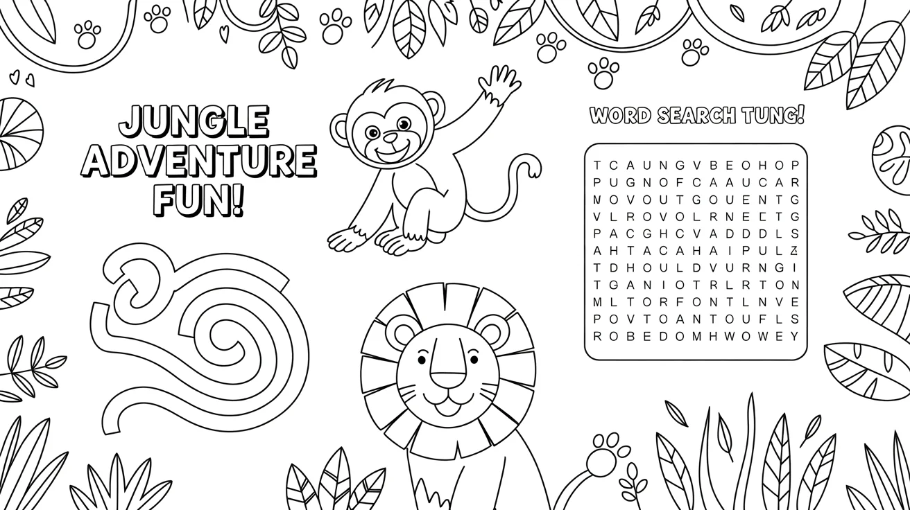 A top-down view of a 'Jungle Adventure' themed children's activity sheet with a maze and coloring section, placed on a white background with crayons next to it.