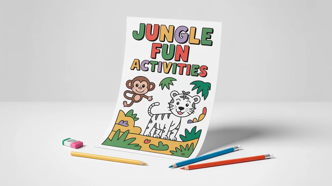 A mockup of a children's activity sheet with a jungle theme, featuring a maze and coloring section, displayed on a clean white background.