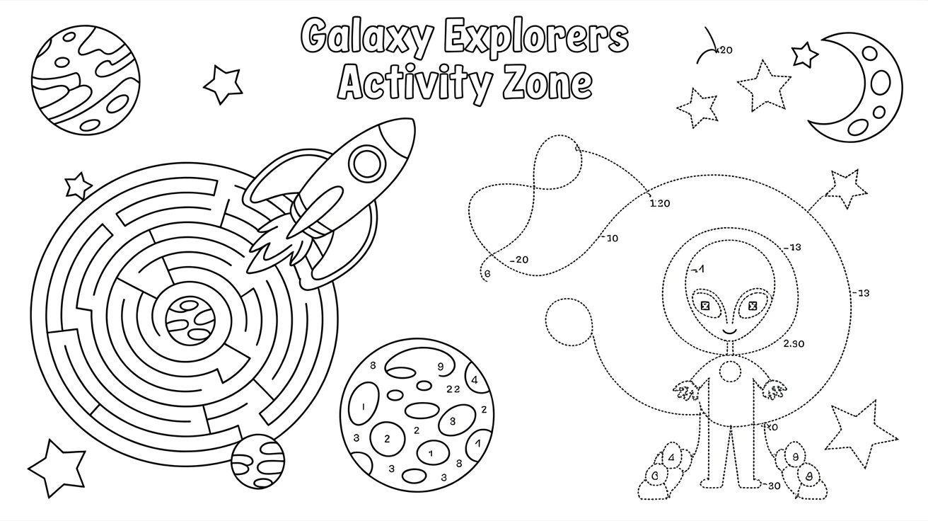 A children's activity sheet mockup with a colorful outer space theme, including a maze, connect-the-dots, and coloring section, displayed on a white background with crayons.