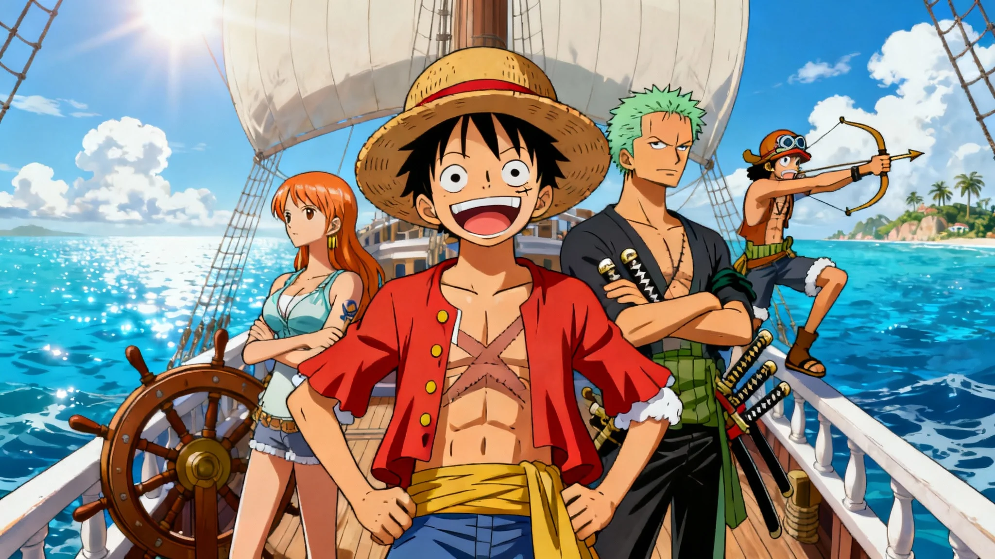 A vibrant anime wallpaper of the Straw Hat Pirates on their ship. Luffy grins in the foreground, with Zoro, Nami, and Usopp in dynamic poses around him as they sail on a bright blue sea.