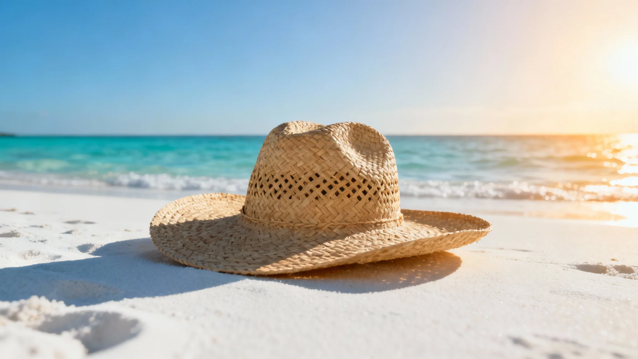 A photorealistic wallpaper of a straw sun hat resting on the white sand of a tropical beach at sunset, with turquoise water in the background.