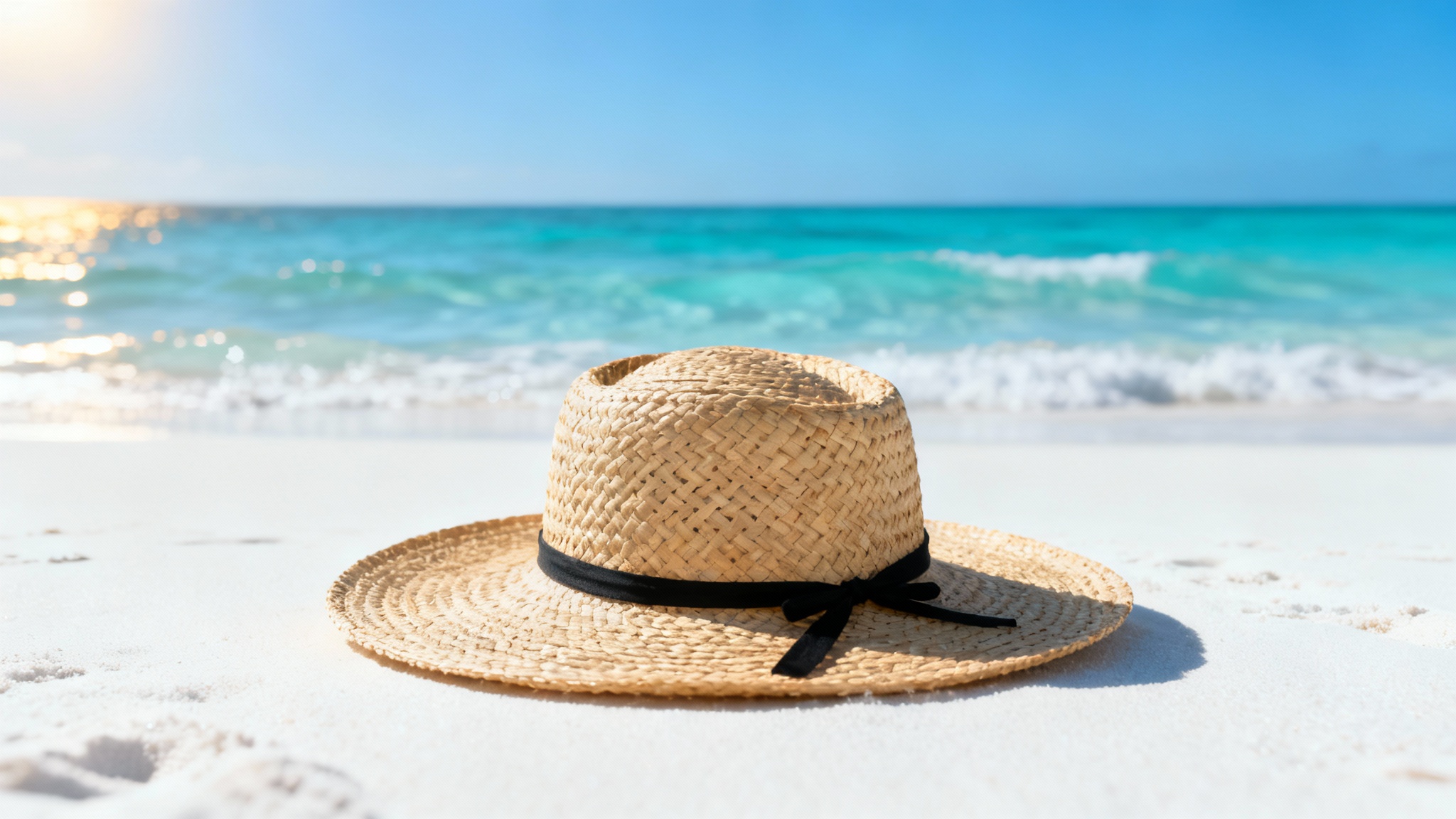 A photorealistic wallpaper of a straw sun hat with a black ribbon resting on a white sand beach with the turquoise ocean in the background.
