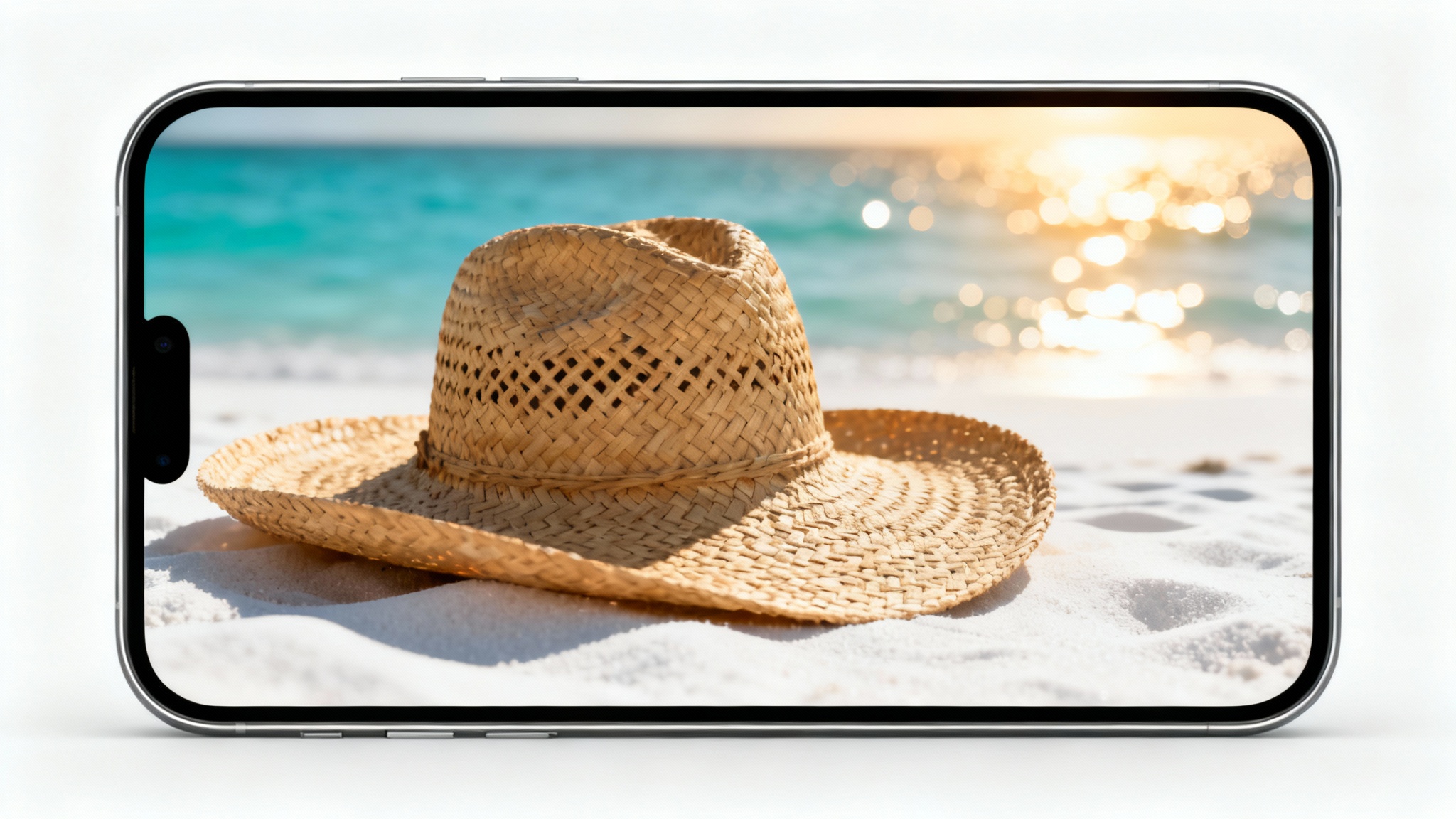 A modern smartphone mockup on a white background, displaying a wallpaper of a straw hat resting on a beautiful, sunny beach with turquoise water.