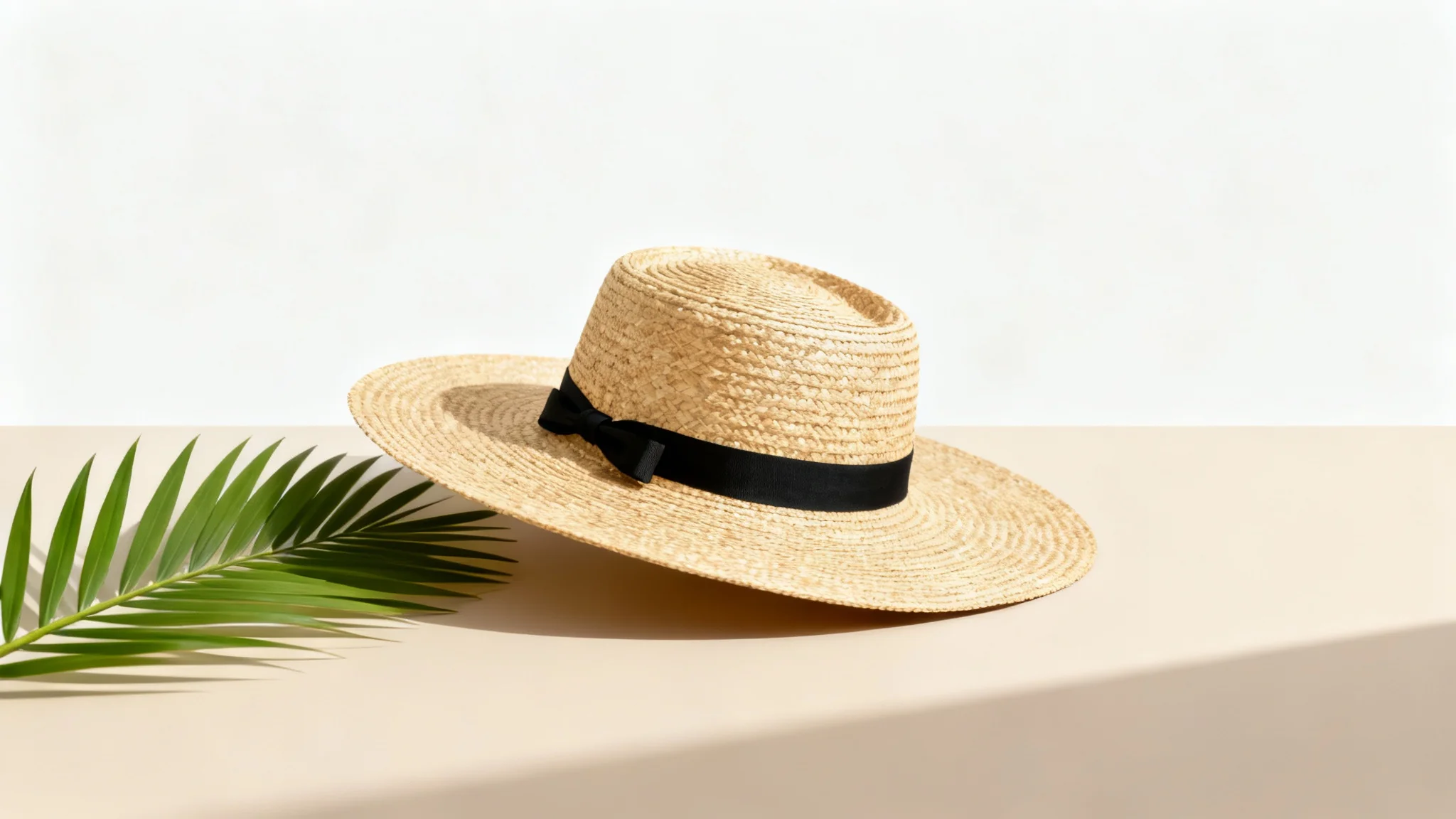 A minimalist wallpaper design featuring a wide-brimmed straw hat with a black ribbon, placed next to a green palm leaf on a light beige background.