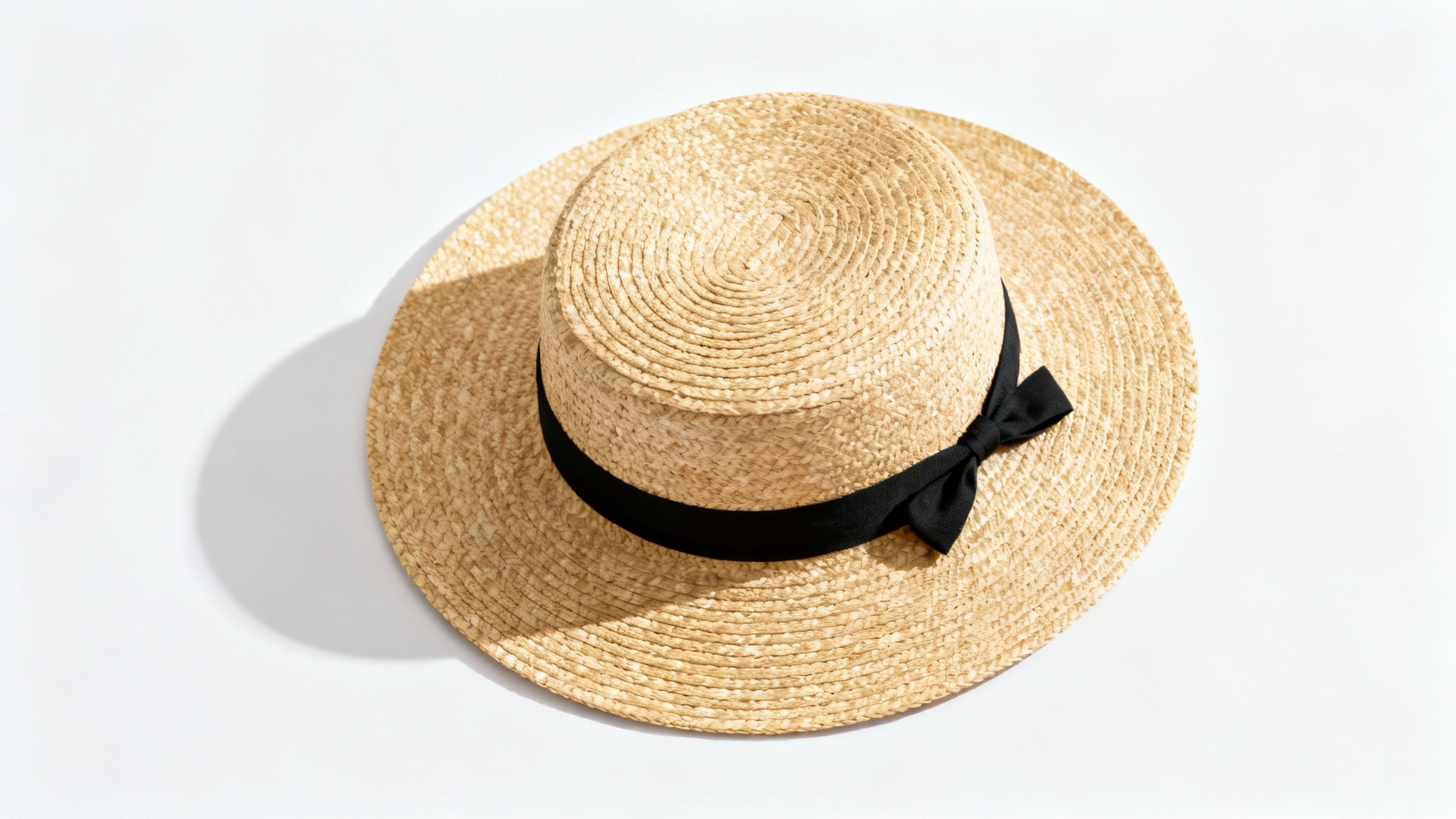 A minimalist wallpaper design featuring a single straw boater hat with a black ribbon, shot from above against a clean white background.
