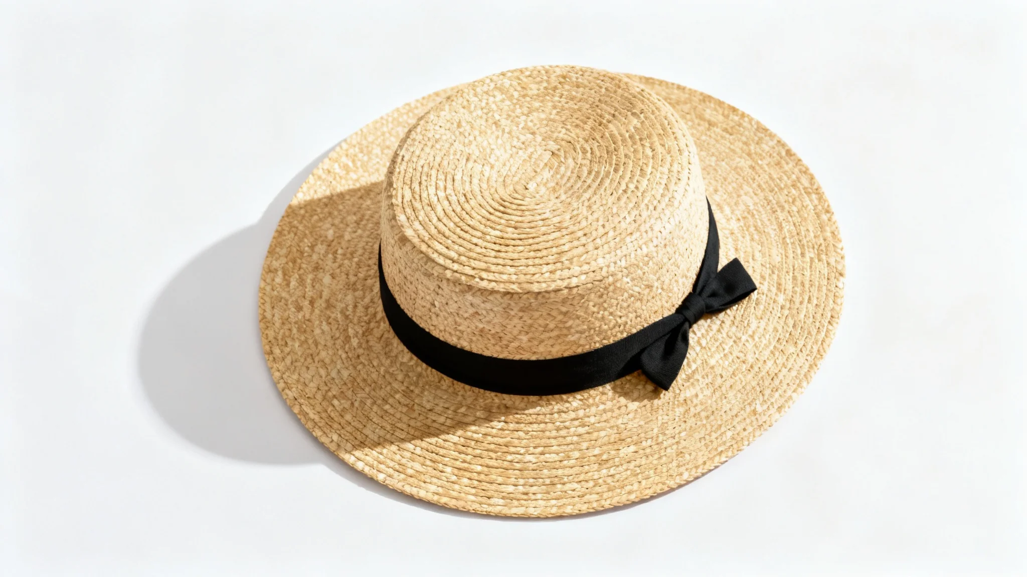 A minimalist wallpaper design featuring a single straw boater hat with a black ribbon, shot from above against a clean white background.