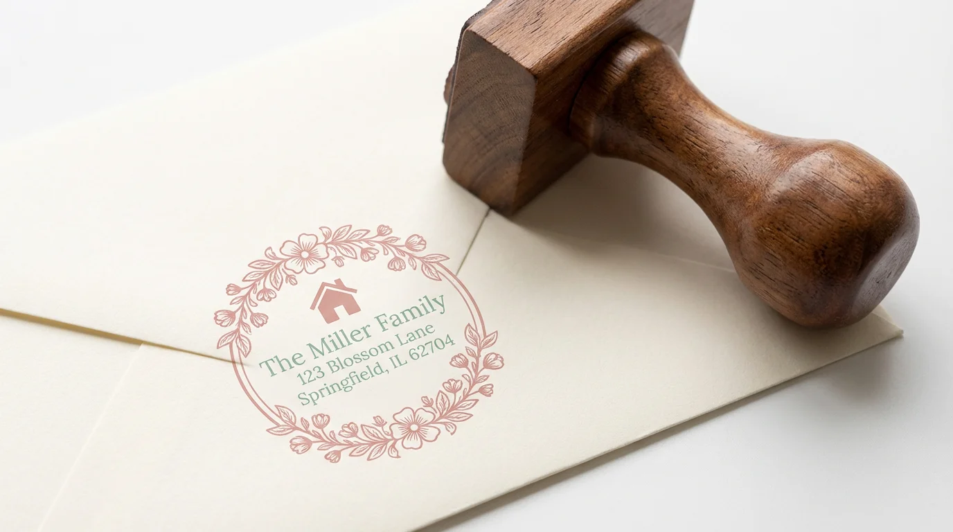 A close-up photo showing a beautiful circular address stamp imprint on a white envelope. The imprint has a pink floral border and green text with a fictional address, next to the physical wooden stamp.