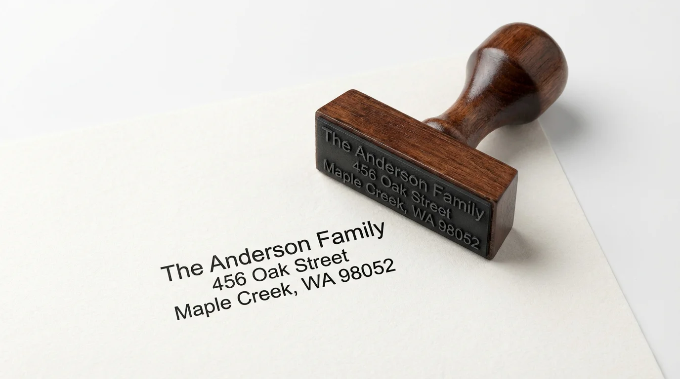 A professional mockup of a classic wooden address stamp placed next to its clear black ink impression on a white piece of paper. The impression shows a fictional family name and address.