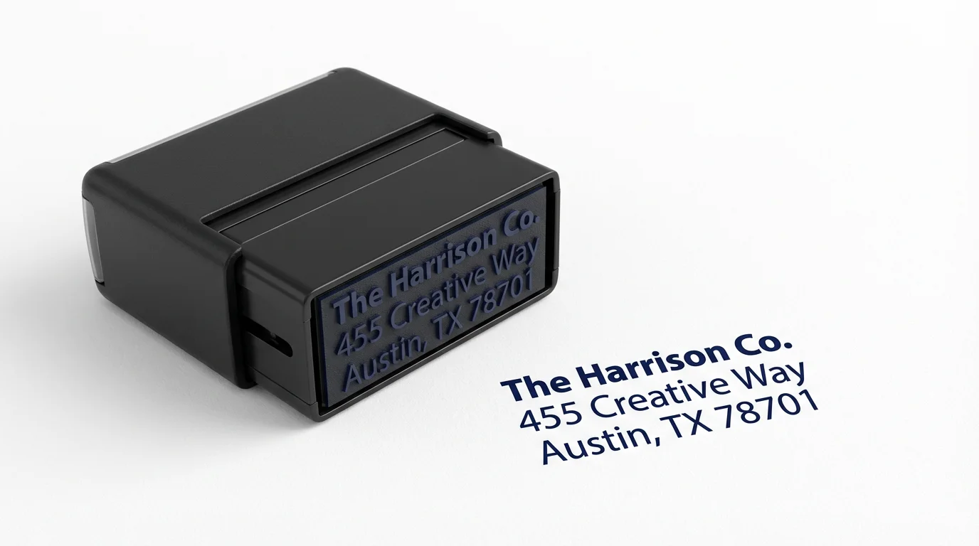 A professional black self-inking address stamp displayed next to a clear impression it made, showing the fictional address 'The Harrison Co., 455 Creative Way, Austin, TX 78701' on a white background.