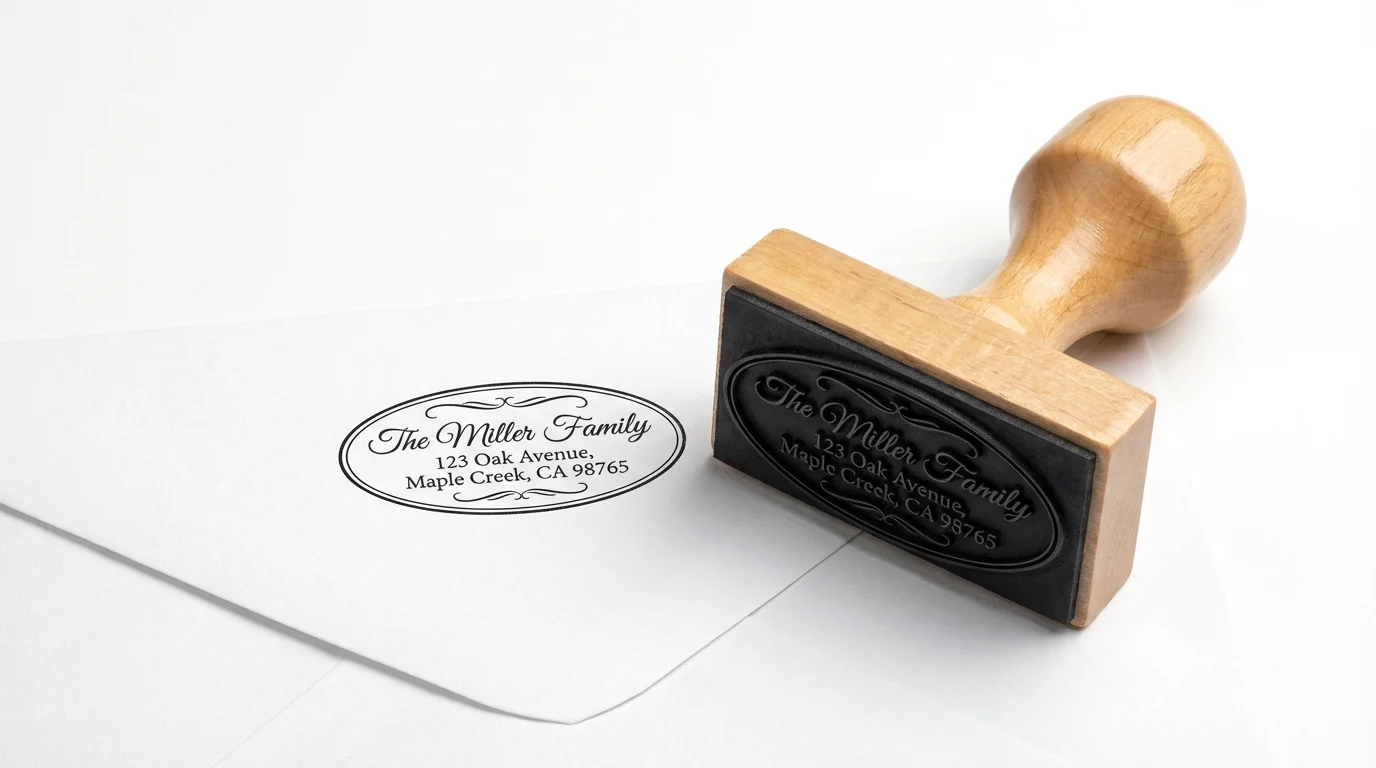 A photorealistic mockup of a custom wooden address stamp next to a white envelope stamped with the fictional address: 'The Miller Family, 123 Oak Avenue, Maple Creek, CA 98765'.