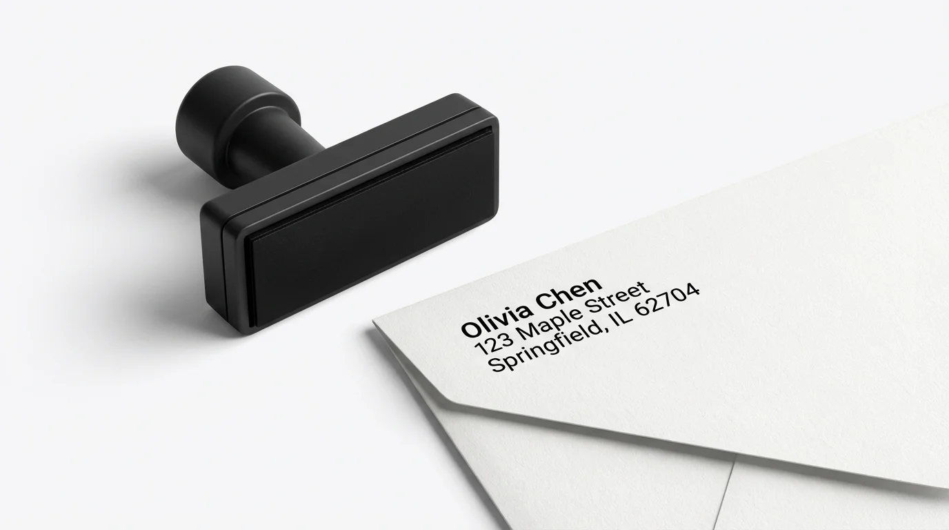 A modern, black self-inking address stamp shown next to a white envelope, with a crisp, clear impression of a fictional name and address.