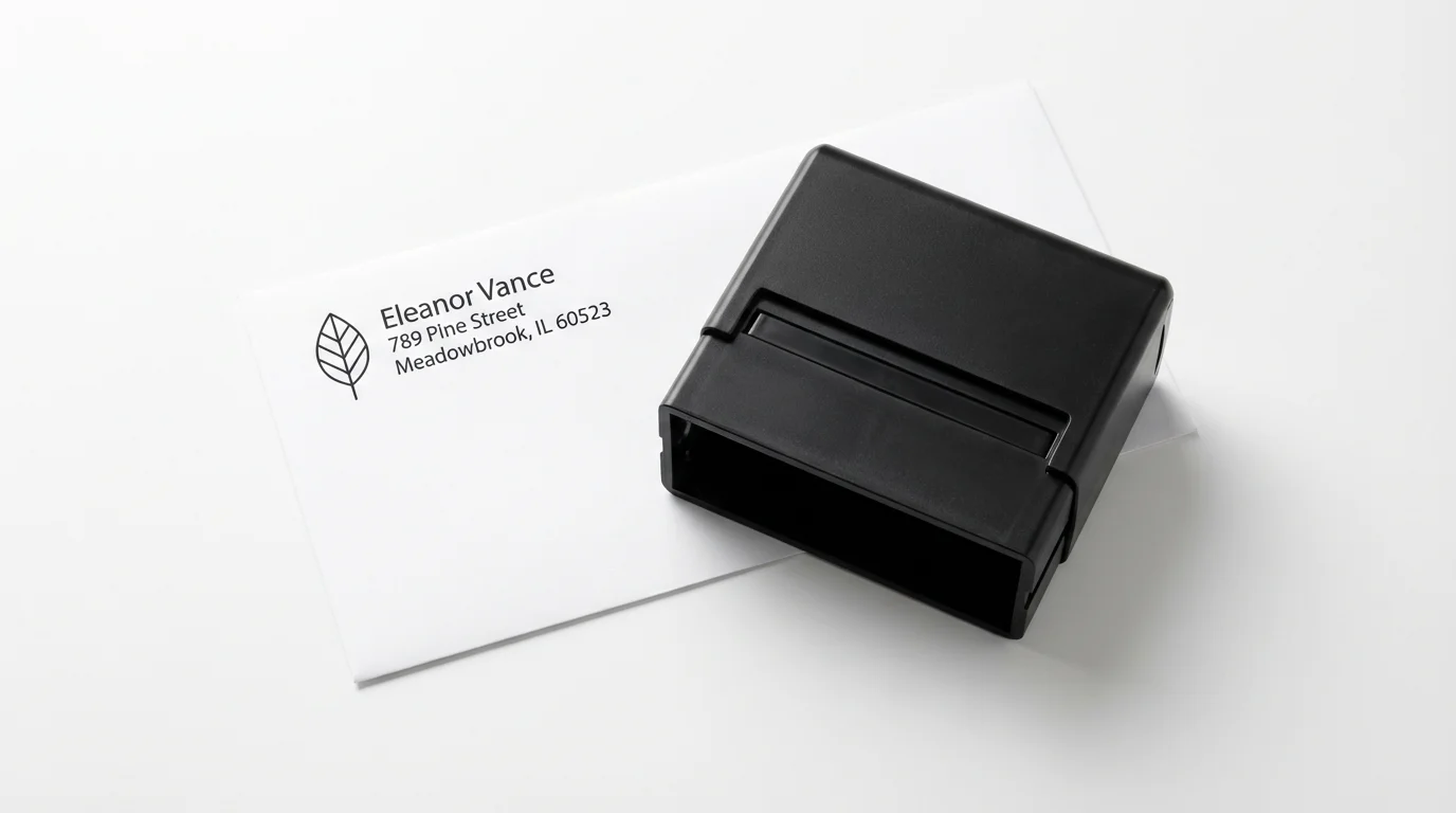 A photorealistic mockup of a modern black self-inking address stamp next to a white envelope, which has been clearly stamped with a fictional name and address.