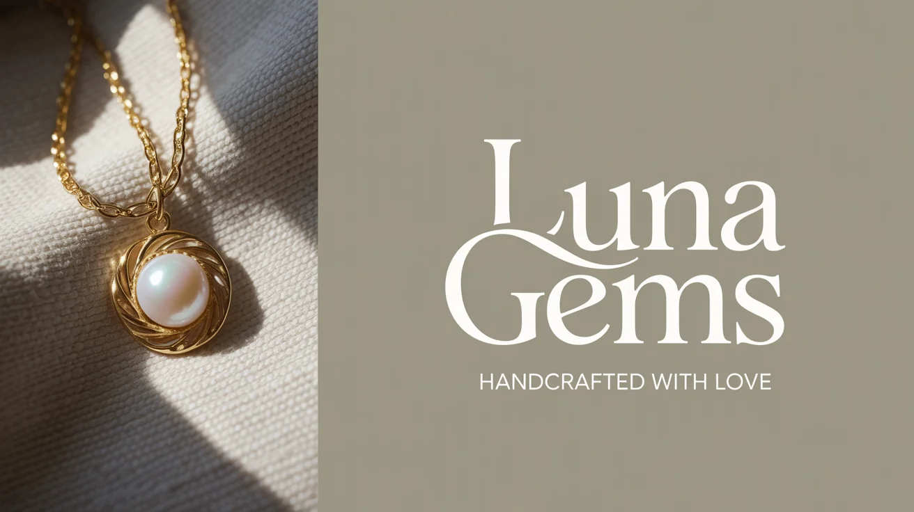 A finished Etsy shop banner for a jewelry store named 'Luna Gems', showing a macro photo of a gold necklace and elegant typography on a clean background.