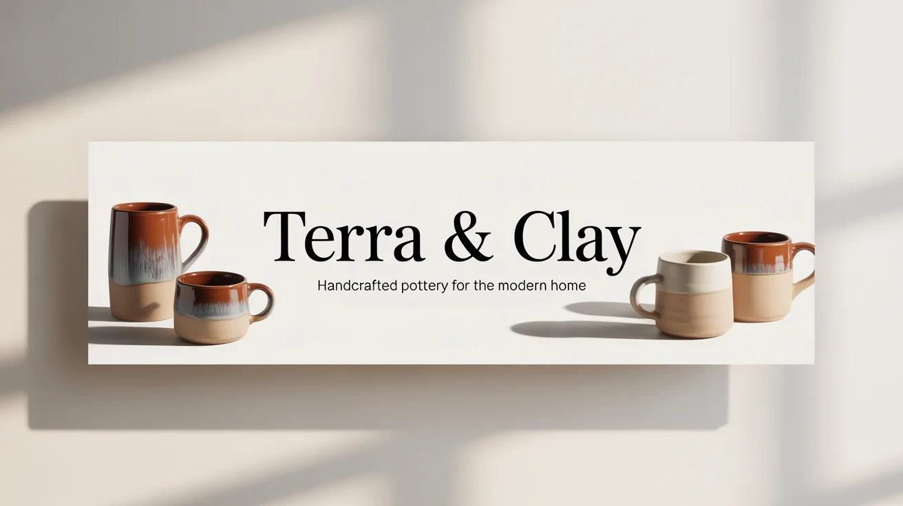 A mockup of an Etsy banner for a handmade pottery shop named 'Terra & Clay', showing ceramic mugs and elegant typography on a white background.