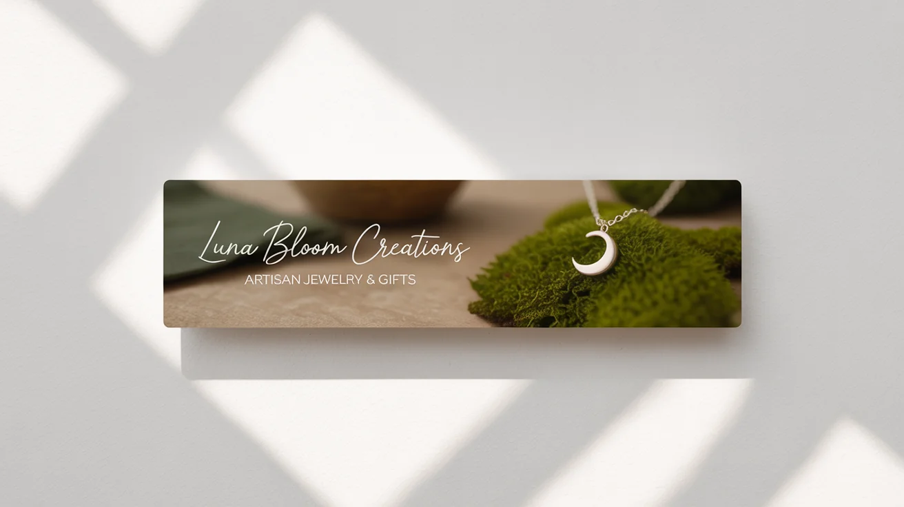 A mockup of a wide Etsy shop banner for a jewelry store named 'Luna Bloom Creations', featuring a close-up photo of a moon necklace on a white background.