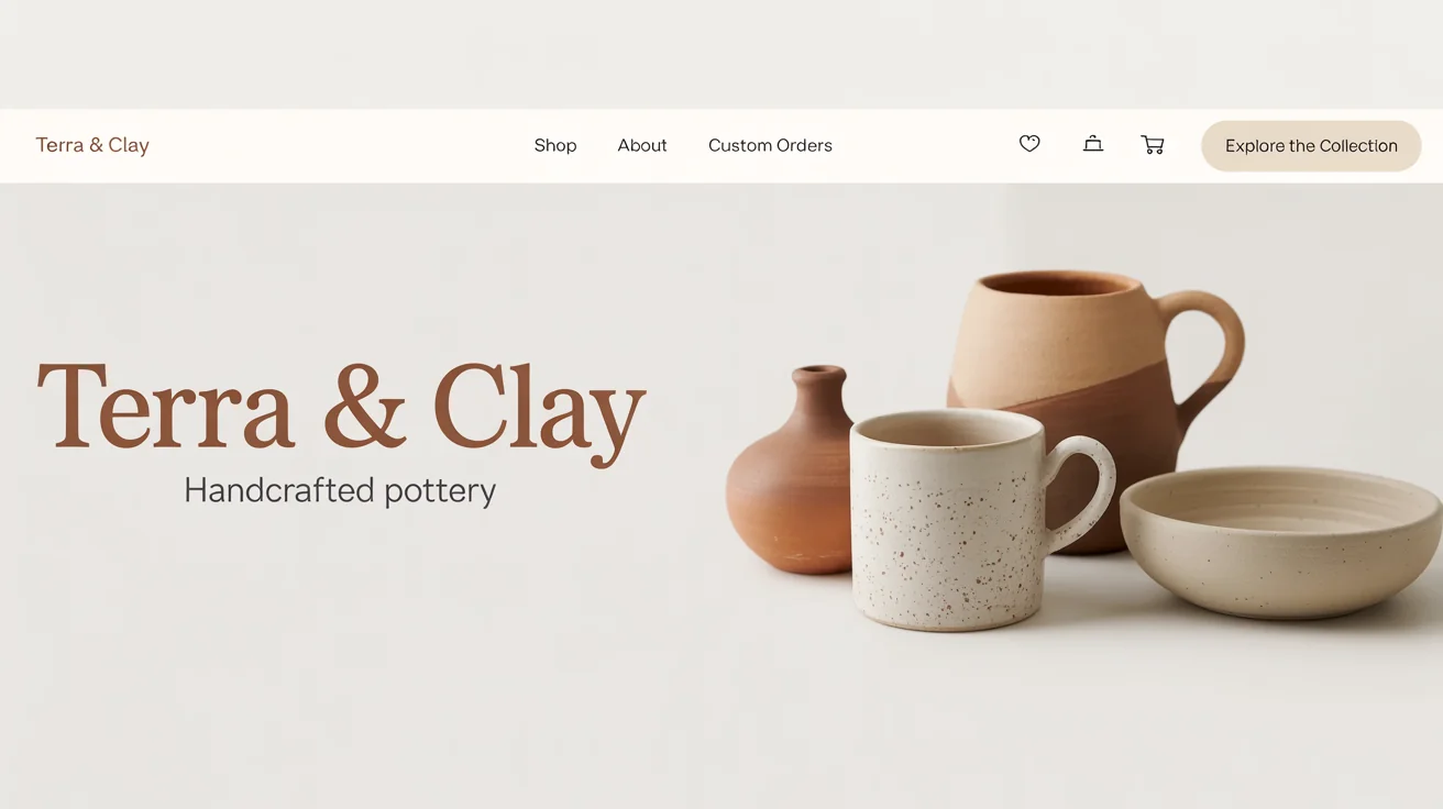 A mockup of an Etsy shop banner for a handmade pottery store called 'Terra & Clay', featuring images of rustic ceramics and the shop's name against a neutral background.