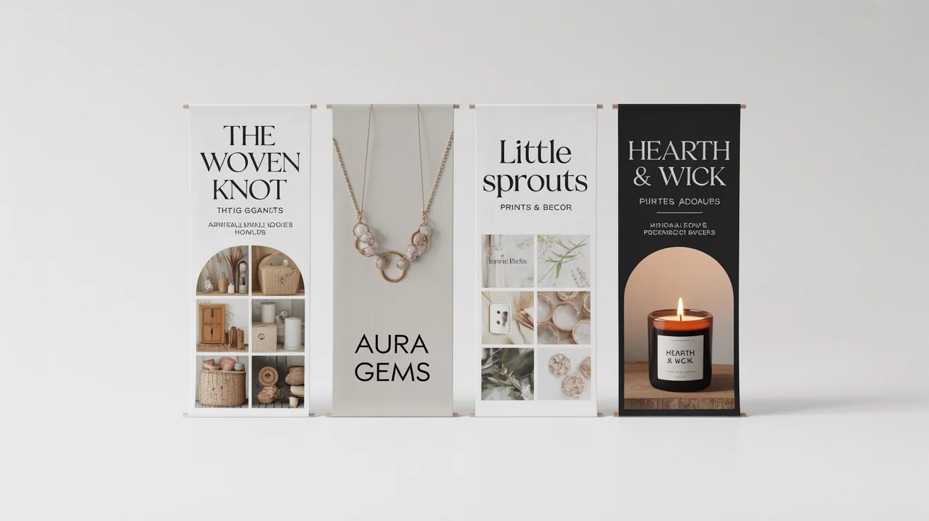 A collection of four professionally designed Etsy banner mockups showcasing different styles from rustic to modern, displayed in a row on a clean white background.