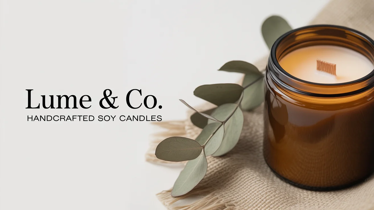 A mockup of a professionally designed Etsy banner for an artisan candle shop named 'Lume & Co.', showing a candle and eucalyptus.