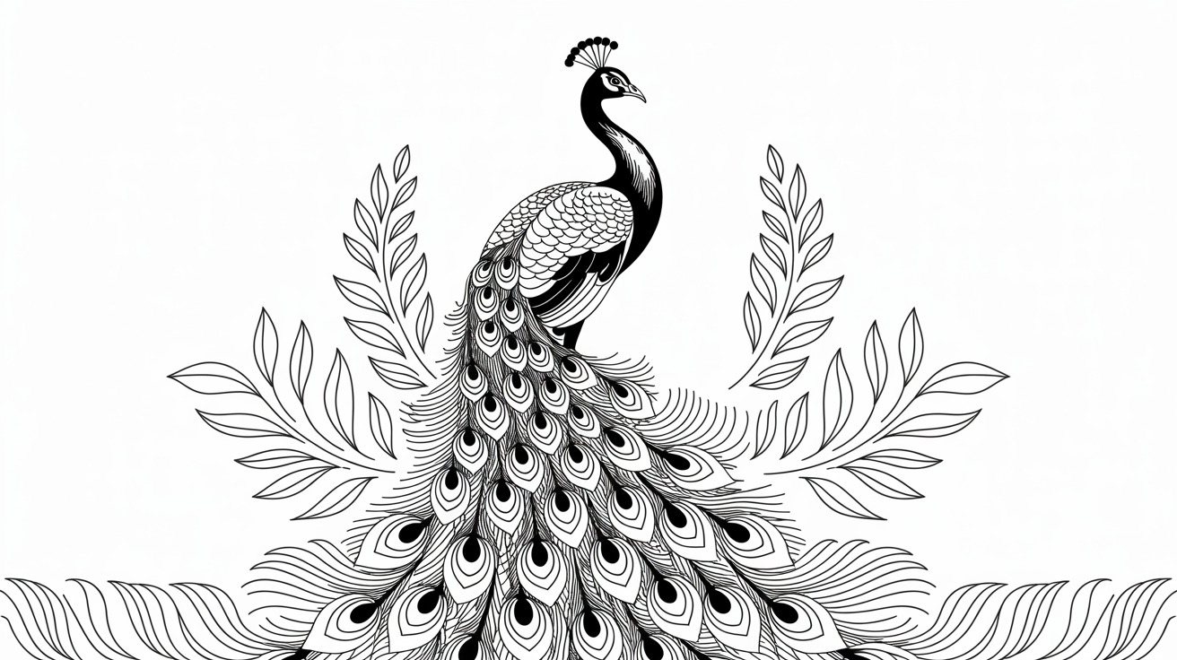 A final result example of the clean line art tool. The image is a beautiful and complex black and white line art drawing of a peacock with its feathers displayed, all rendered in crisp, clean lines on a white background.