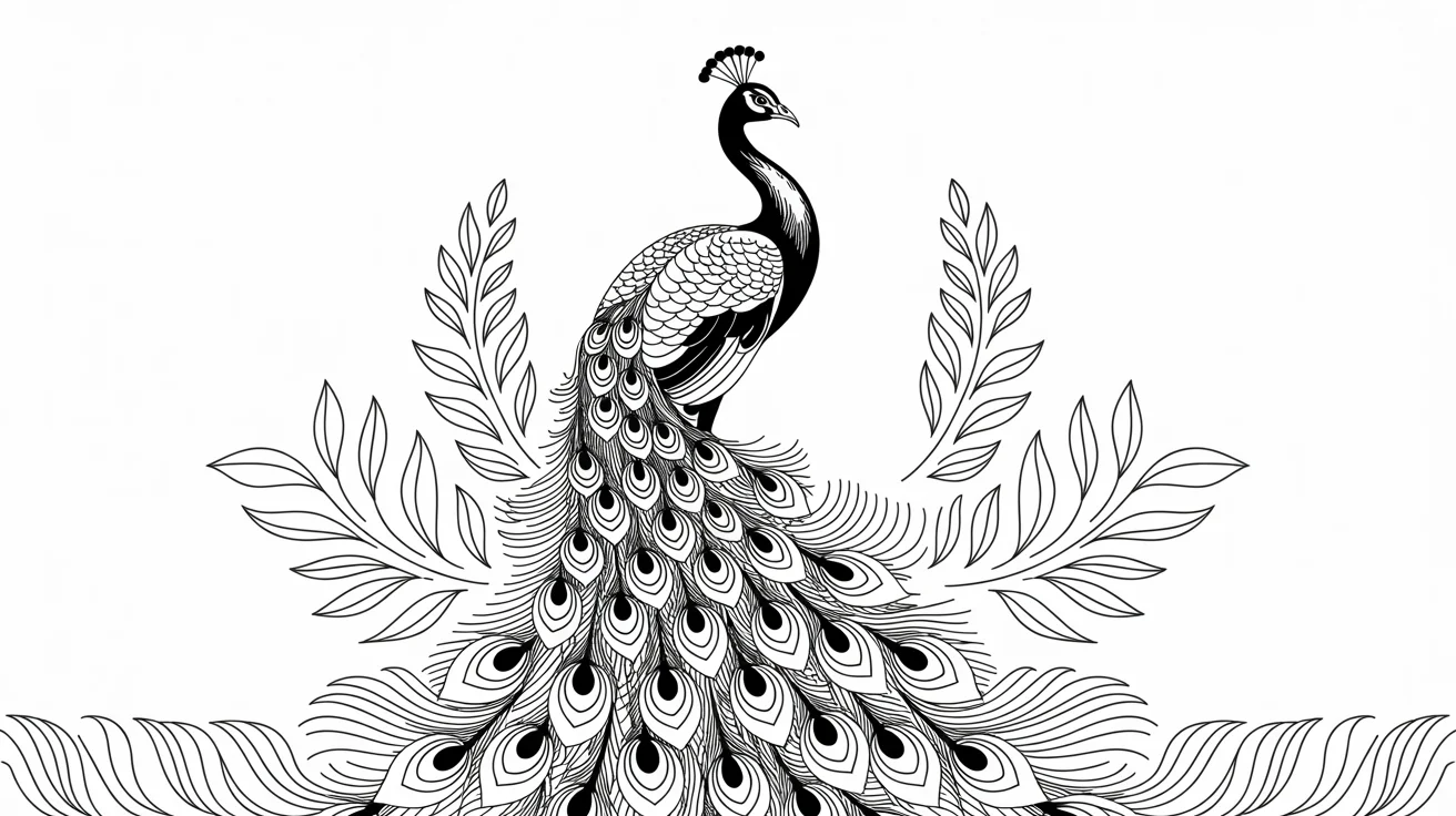 A final result example of the clean line art tool. The image is a beautiful and complex black and white line art drawing of a peacock with its feathers displayed, all rendered in crisp, clean lines on a white background.