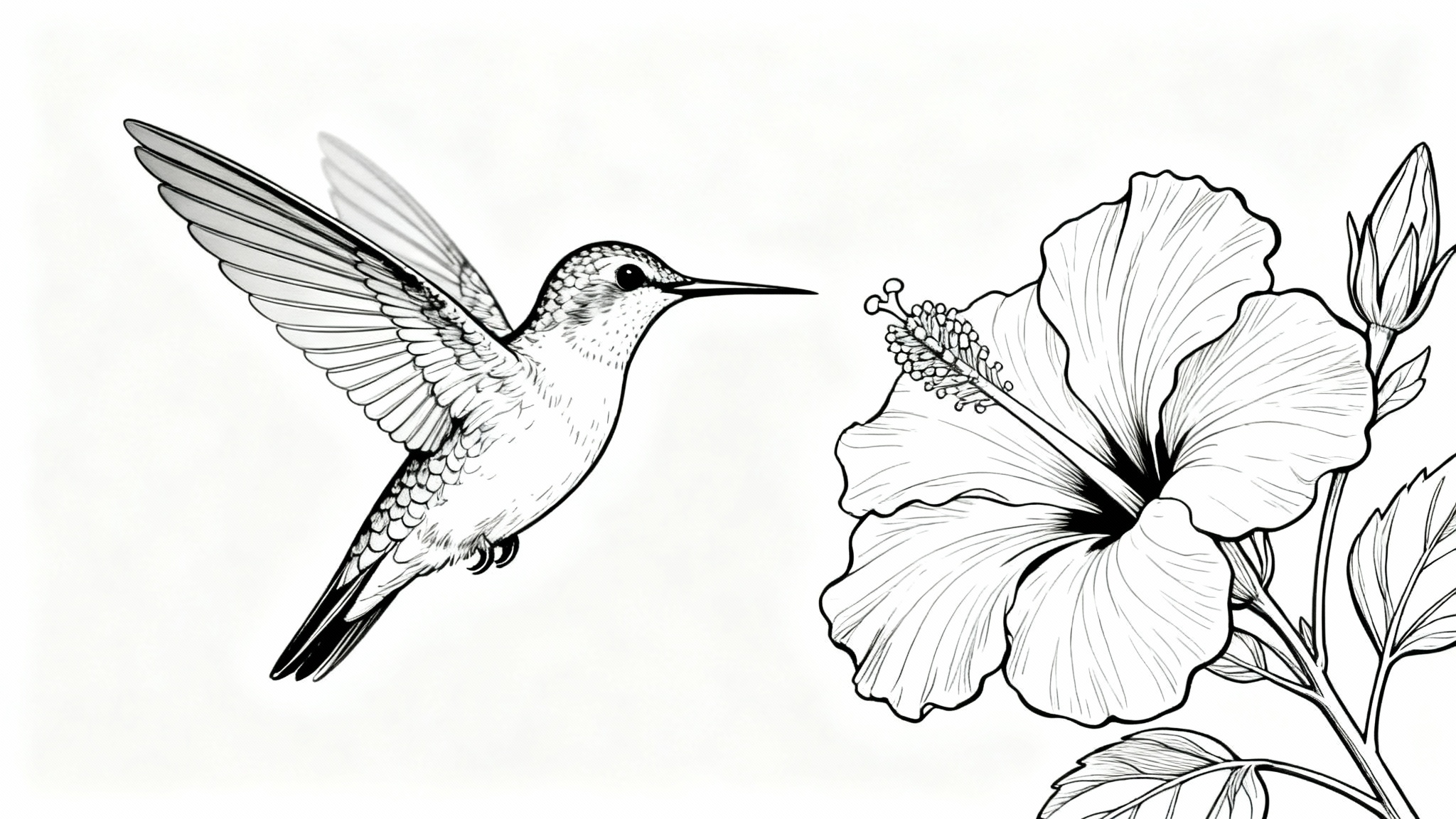 A minimalist black and white clean line art drawing of a hummingbird flying towards a hibiscus flower, set against a plain white background.
