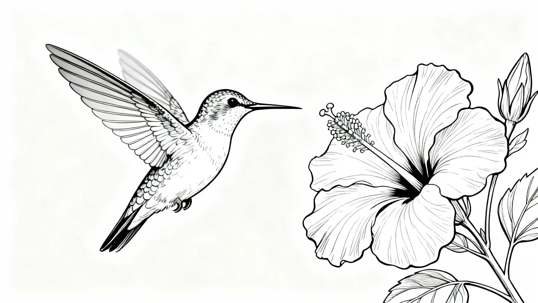 A minimalist black and white clean line art drawing of a hummingbird flying towards a hibiscus flower, set against a plain white background.