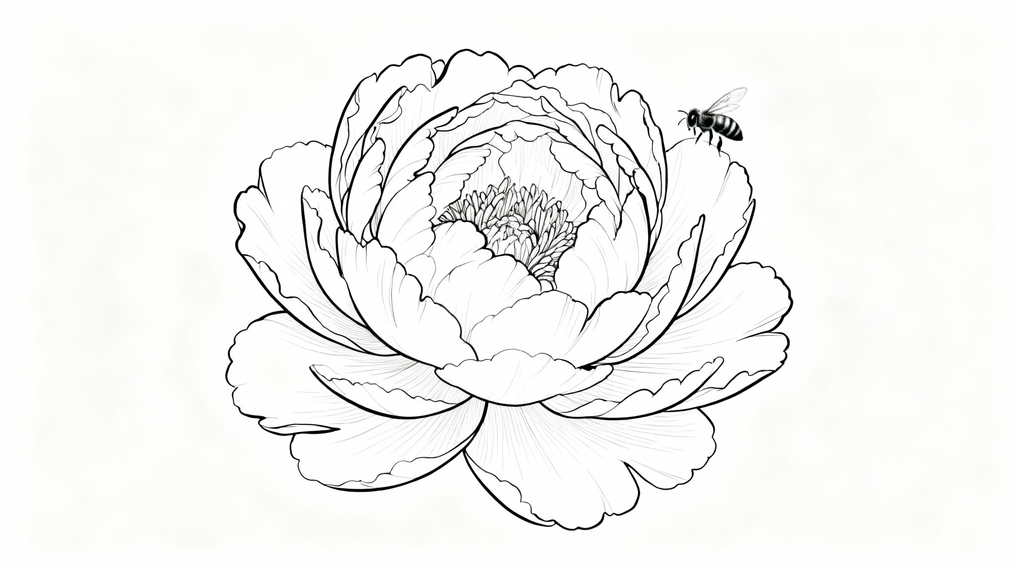 An elegant, clean line art illustration in black and white, featuring a detailed peony flower with a small bee hovering nearby, all set against a plain white background.