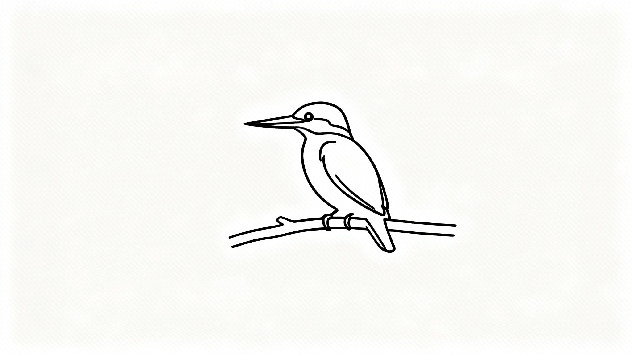 A minimalist black and white clean line art drawing of a kingfisher on a branch, centered on a plain white background.