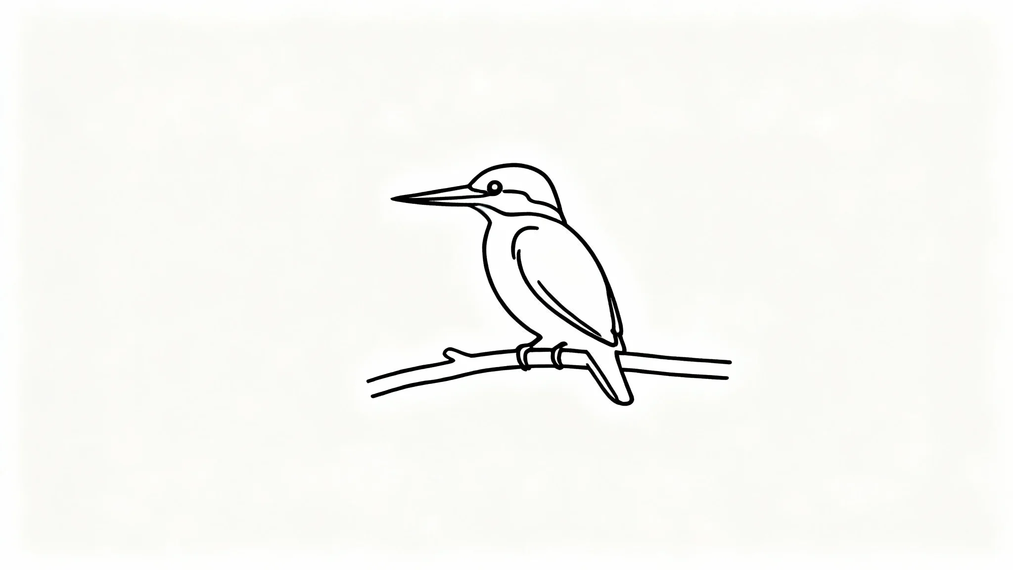 A minimalist black and white clean line art drawing of a kingfisher on a branch, centered on a plain white background.