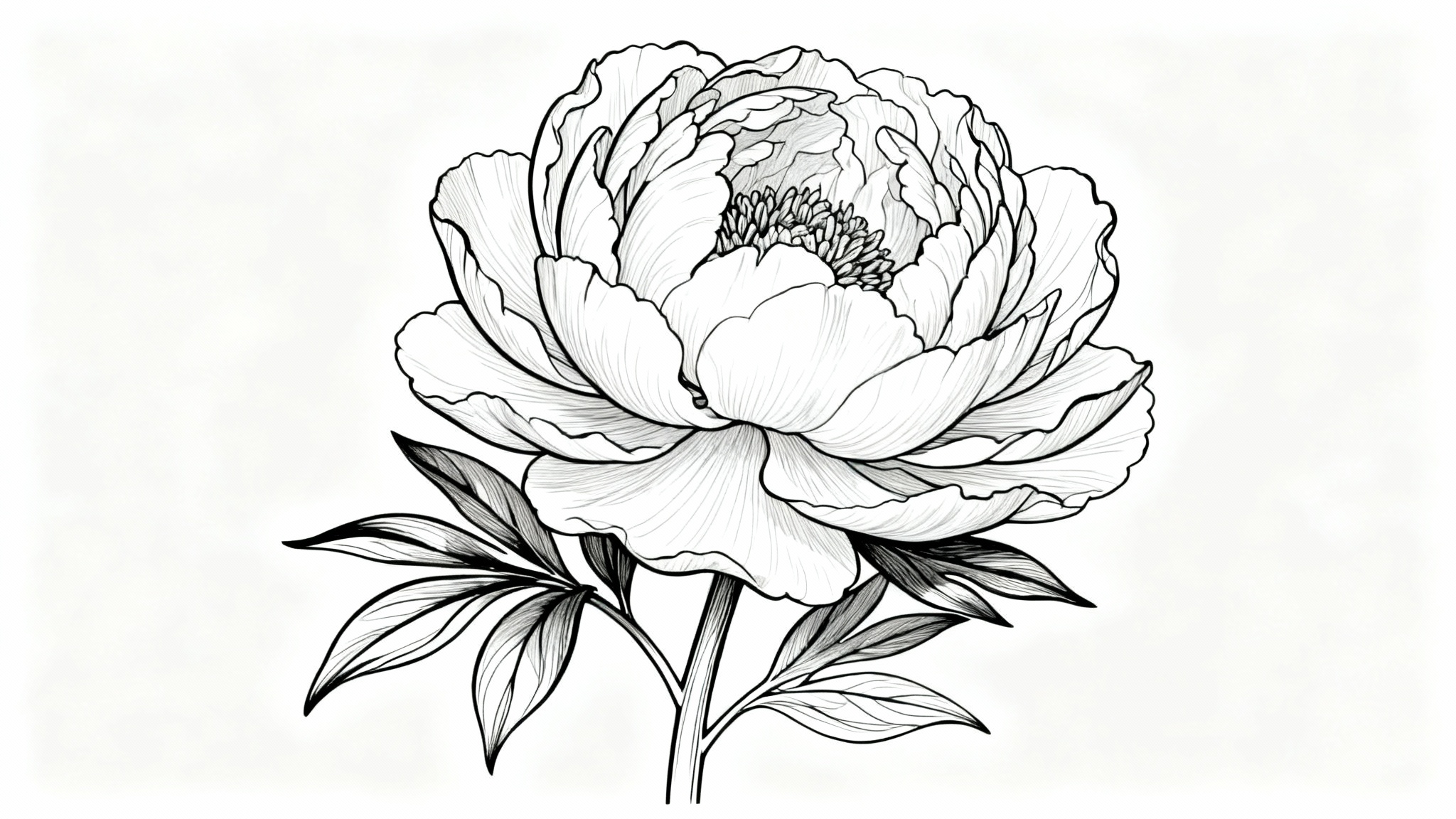 A clean, black and white line art illustration of a detailed peony flower on a solid white background, showcasing a minimalist and elegant art style.