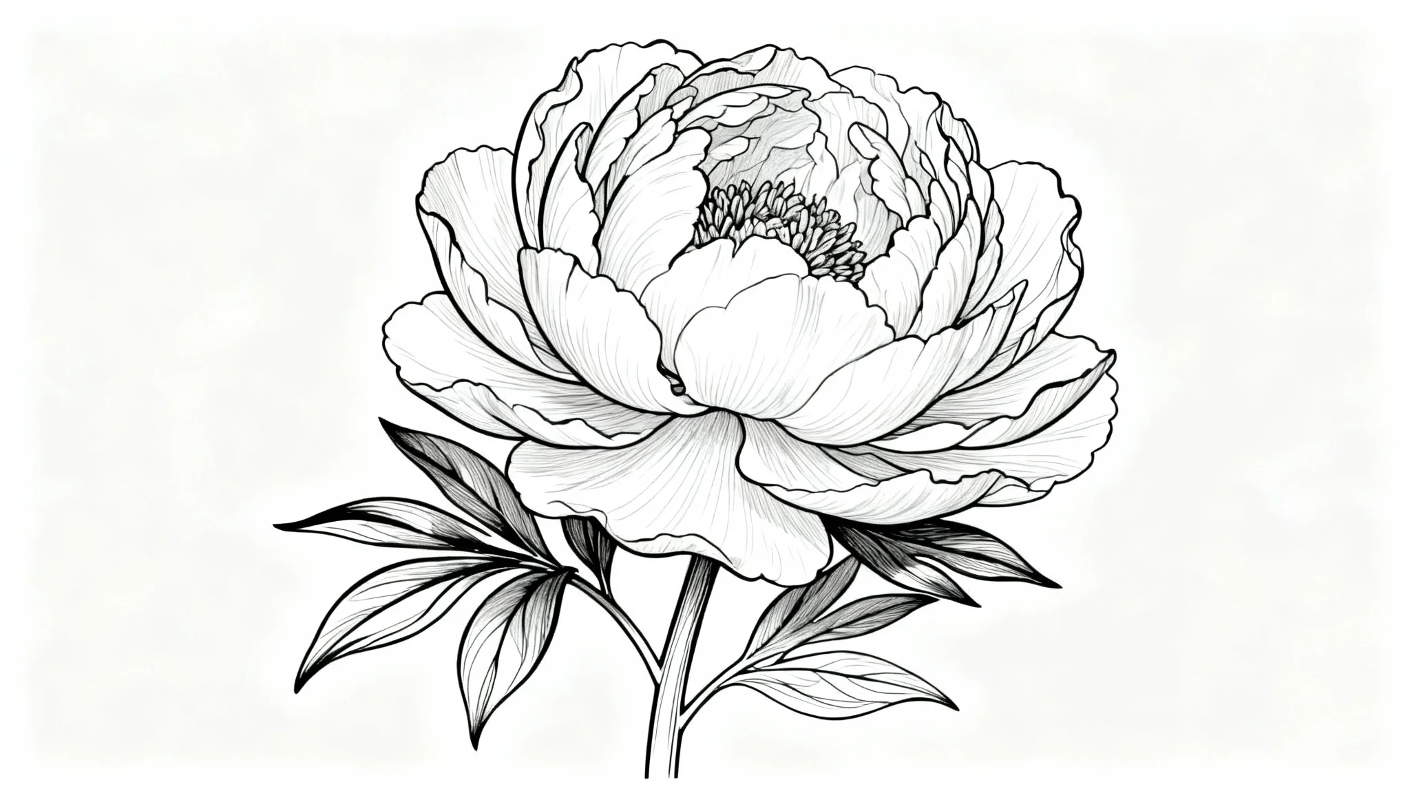 A clean, black and white line art illustration of a detailed peony flower on a solid white background, showcasing a minimalist and elegant art style.