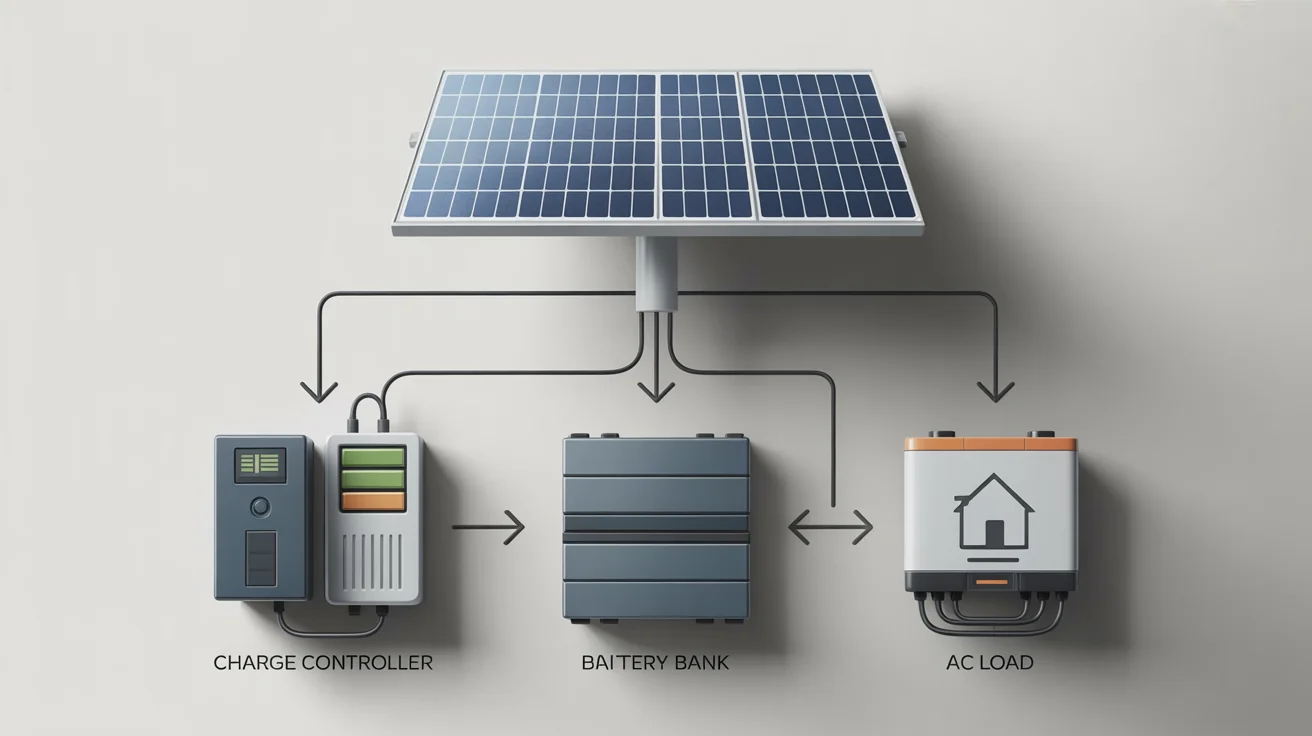 A professional diagram showing the components of an off-grid solar system, including solar panels, a charge controller, a battery bank, and an inverter, all clearly labeled and connected with arrows indicating the flow of energy.