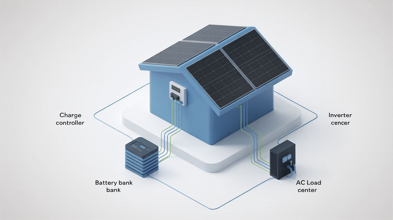 An isometric diagram of an off-grid solar system for a small cabin. It shows the flow of power from solar panels to a charge controller, a battery bank, an inverter, and an AC load center, all clearly labeled.