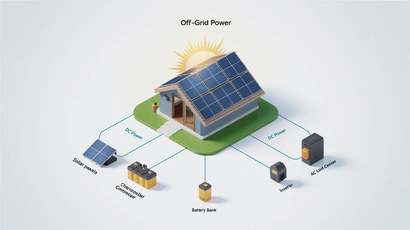 A 3D diagram showing the components of an off-grid solar system, including solar panels, a charge controller, a battery bank, and an inverter powering a house.