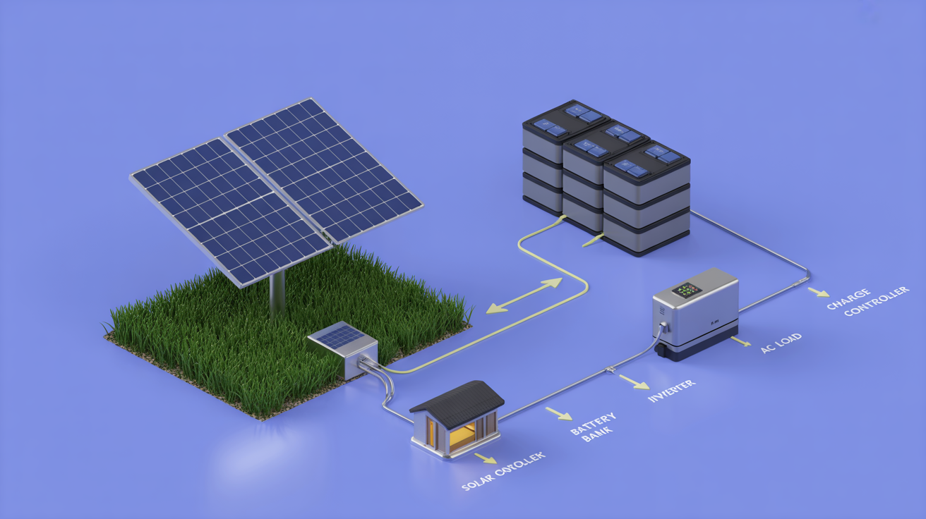 A 3D diagram illustrating an off-grid solar system, showing solar panels, a charge controller, batteries, and an inverter powering a small cabin.