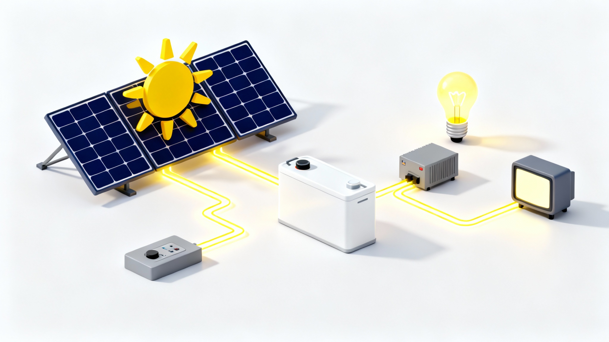 A 3D infographic diagram of an off-grid solar system on a white background, showing the flow of energy from solar panels to a battery bank and then to household appliances.