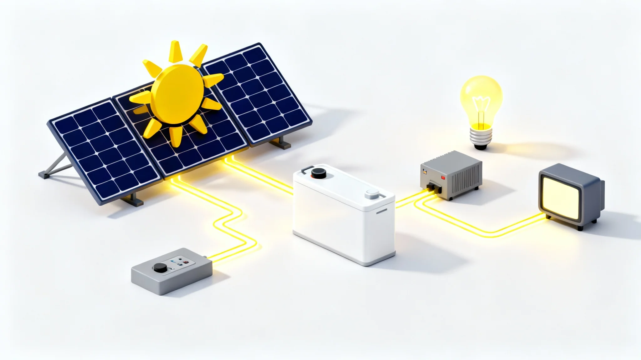 A 3D infographic diagram of an off-grid solar system on a white background, showing the flow of energy from solar panels to a battery bank and then to household appliances.