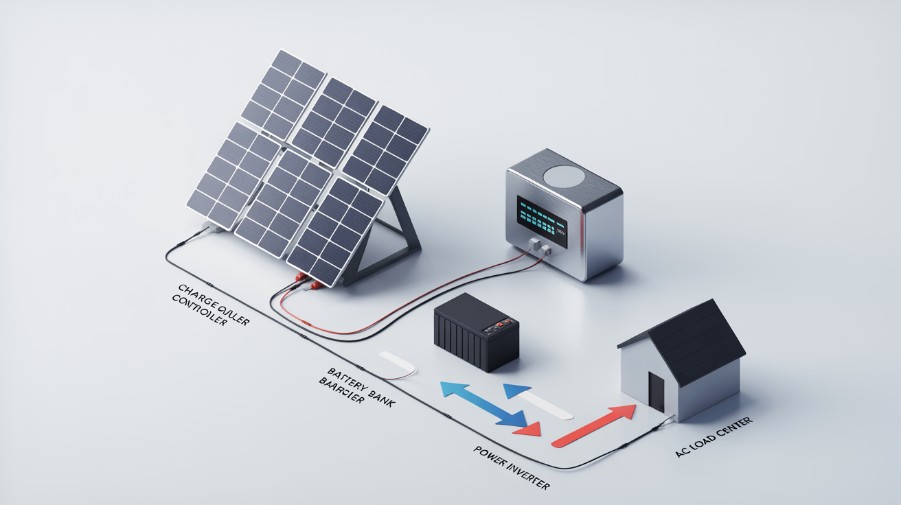 An illustrative diagram of an off-grid solar system showing the flow of energy from solar panels to a charge controller, battery bank, inverter, and finally to a home's electrical panel.
