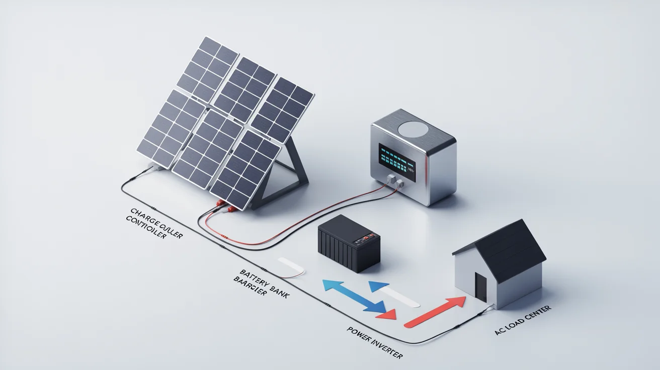 An illustrative diagram of an off-grid solar system showing the flow of energy from solar panels to a charge controller, battery bank, inverter, and finally to a home's electrical panel.