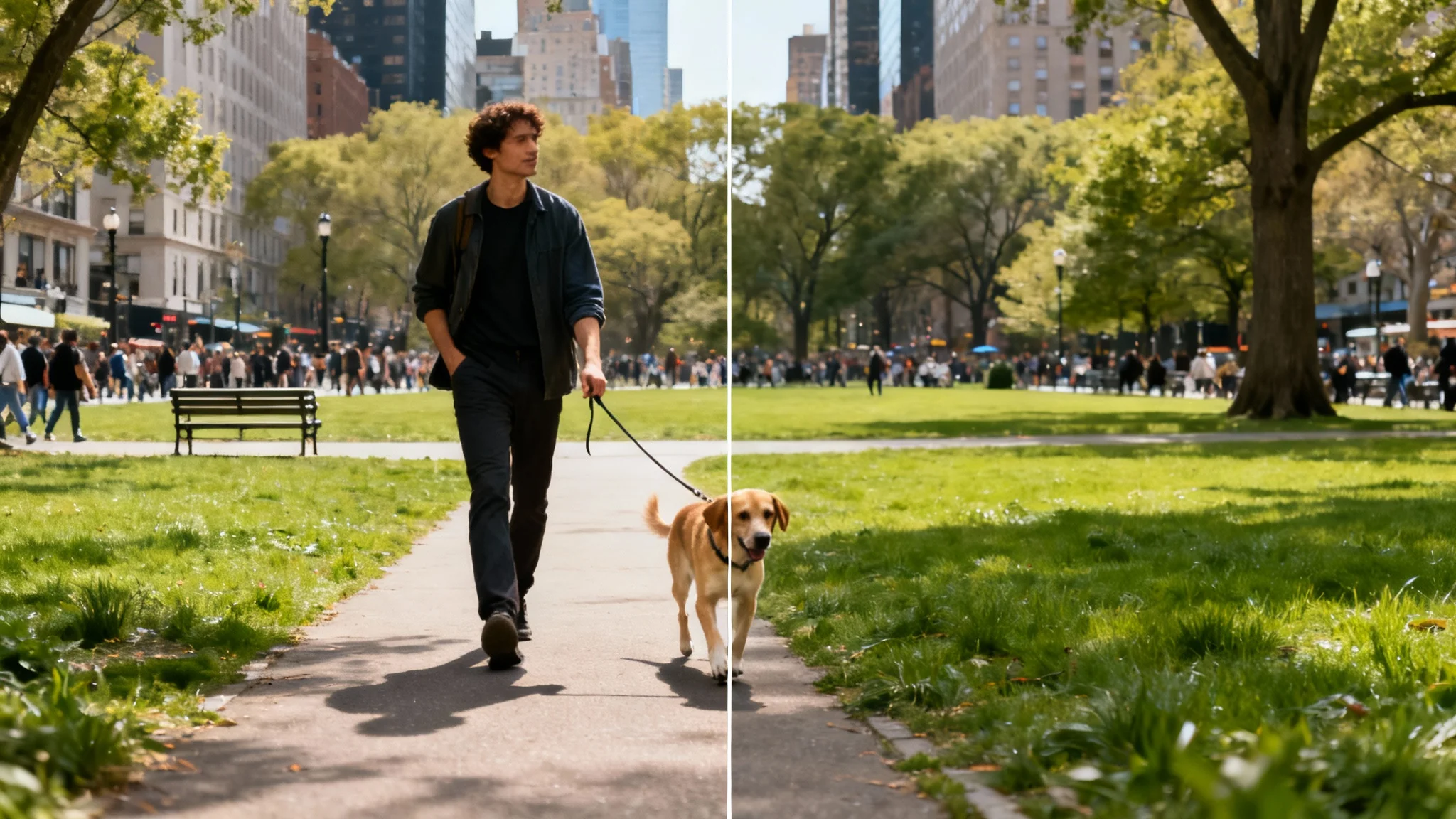 A split-screen comparison showing a video frame before and after using content-aware fill. The left side has a person walking a dog in a park, and the right side shows the same park scene with the person and dog perfectly erased.