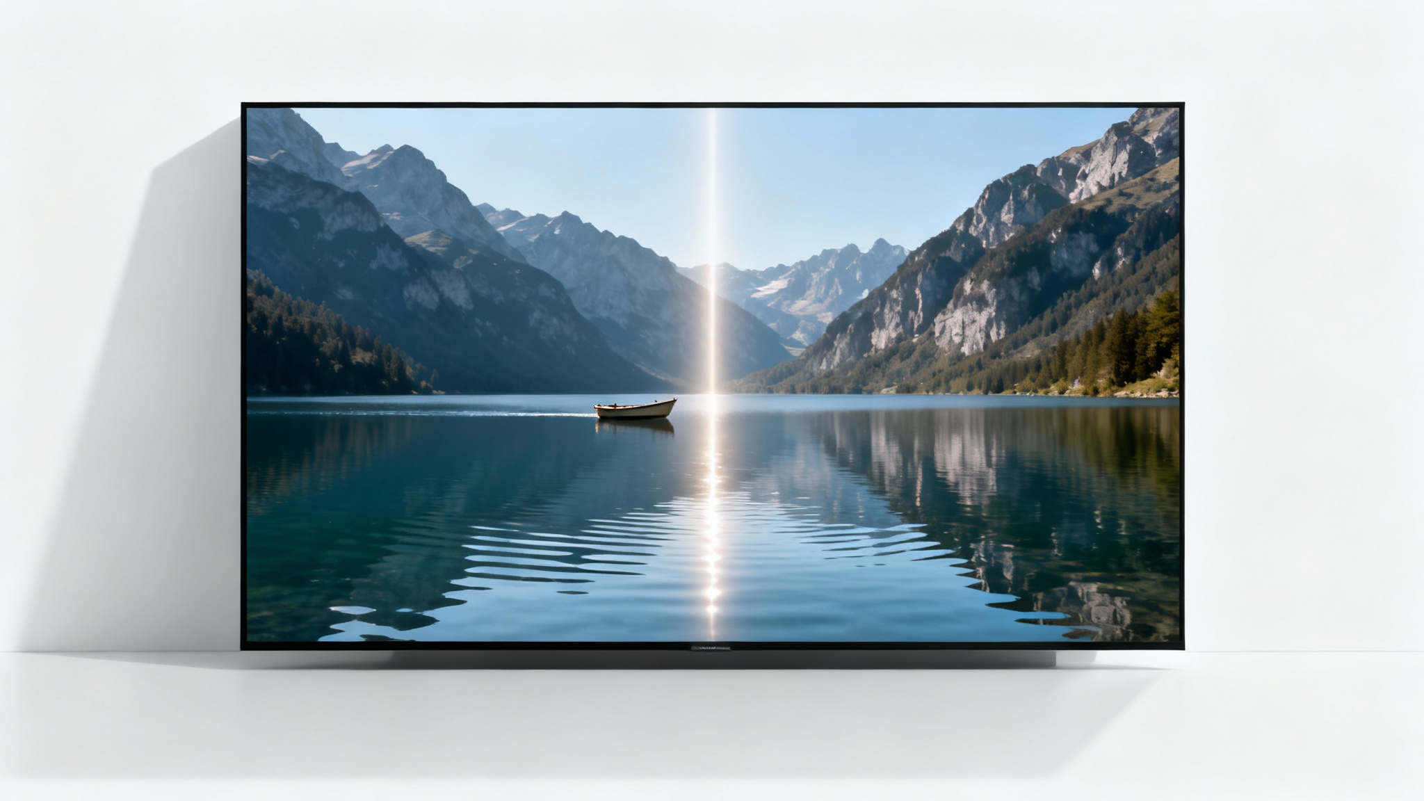 A visual mockup demonstrating content-aware video fill, where a boat is being magically erased from a video frame of a mountain lake, leaving behind a perfectly clear water surface.