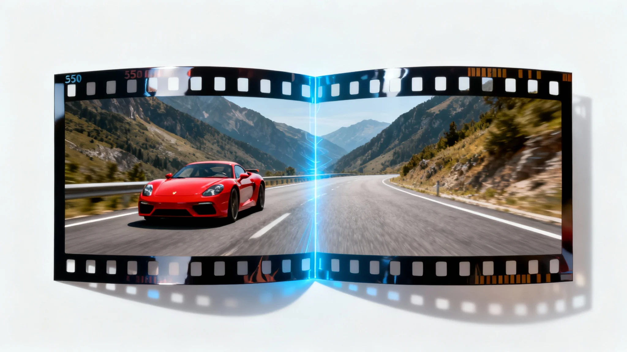A conceptual image of content-aware fill for video, showing a film strip where a red car is present in one frame and completely removed in the next, leaving a perfect landscape.