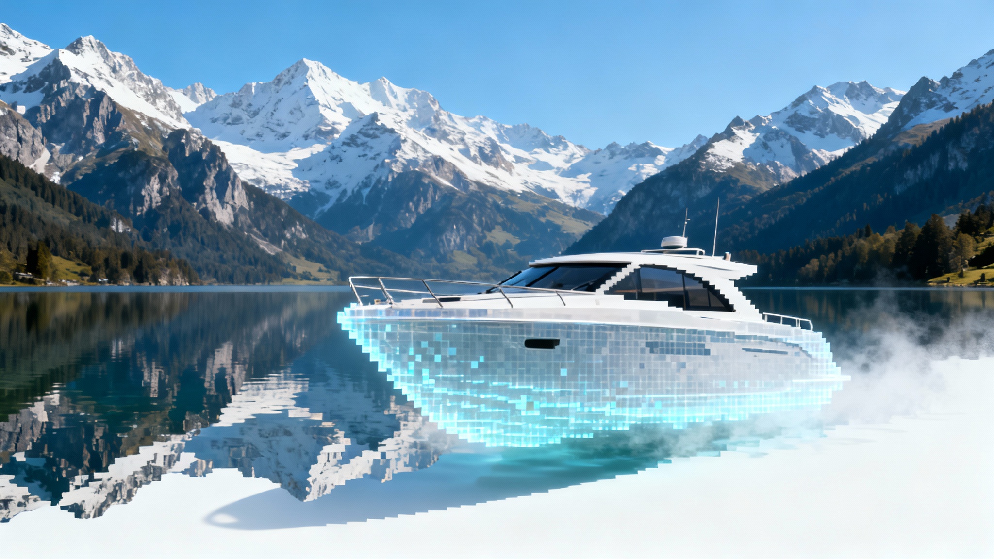 A photorealistic mockup demonstrating content-aware fill, where a boat is shown as a dissolving, pixelated ghost on a mountain lake, revealing the perfectly restored water and reflections behind it.